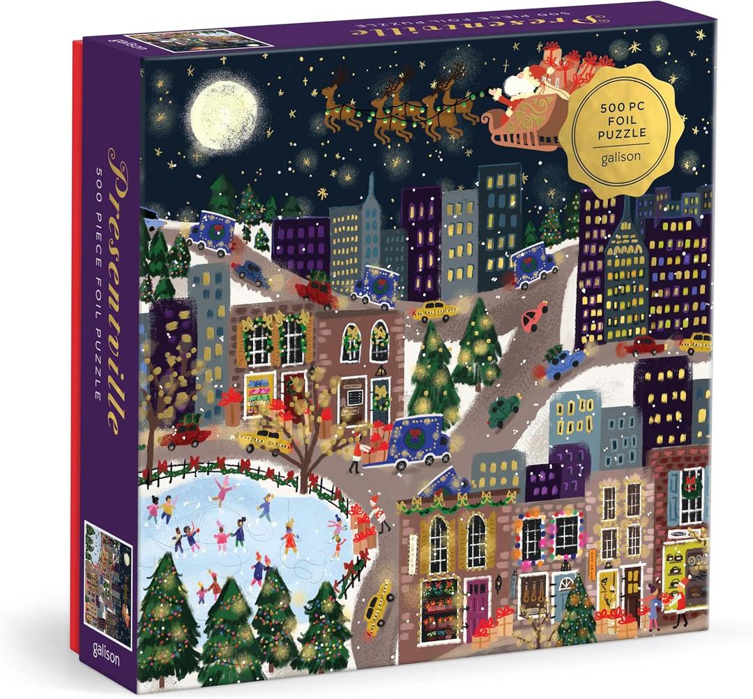 Galison Presentville 500 Piece Holiday Foil Puzzle Featuring Beautiful Artwork of A Cozy and Festive City Scene by Joy Laforme