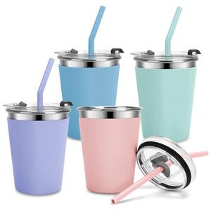 Vermida Kids Cups with Straws and Lids Leak Proof, 12oz Sippy Cups for Toddlers 1-3 No Spill, Spill Proof Cup Stainless Steel Kids Cup with Lids for School, Outdoor, 4 Pack