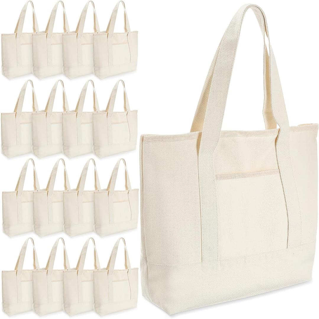 Reginary 16 Pcs Canvas Tote Bags Bulk with Outer Pocket 18 Inch Reusable Shopping Grocery Blank Tote Bag for Women Mother DIY (White)