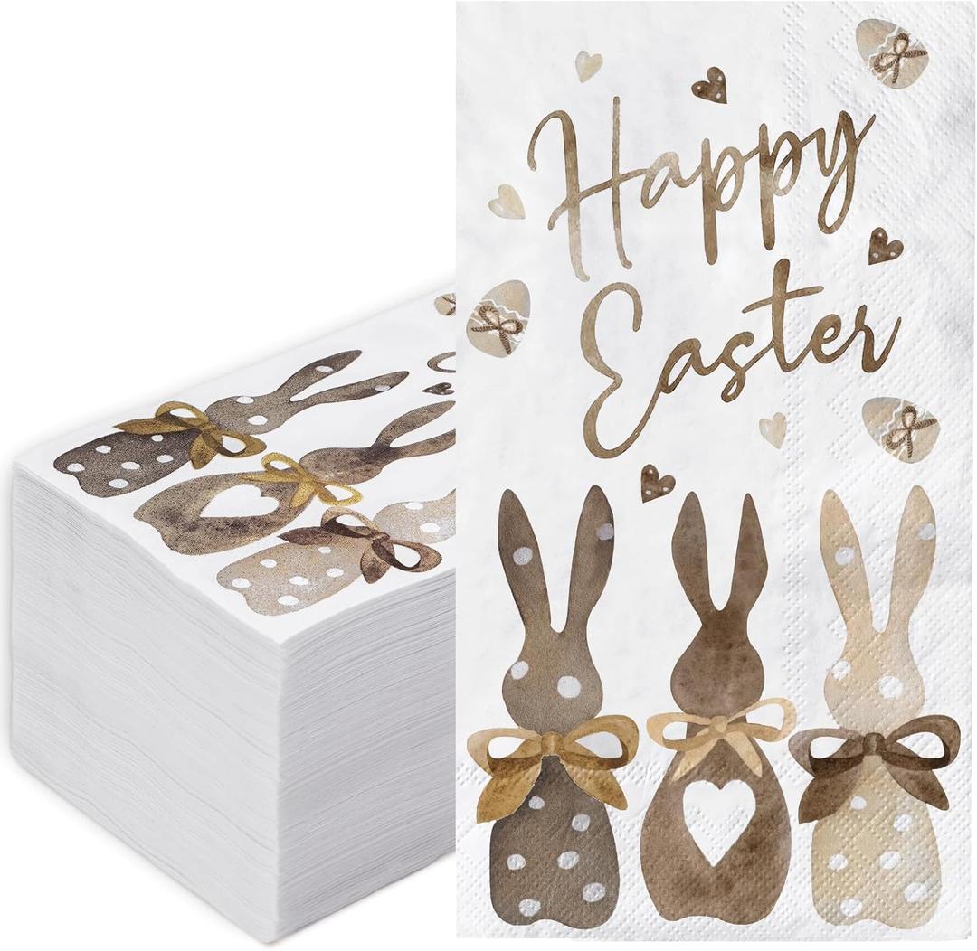 2 x 100 Pcs Happy Easter Napkins Bunny Print Paper Guest Napkins Easter Rabbit Decorative Hand Towels Spring Disposable Beverage Dinner Napkin for Bathroom Party Tableware Supplies