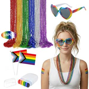 2 x Ainiel LGBTQ Pride Rainbow Accessories Set - Complete Costume with LGBT Rainbow Beads Necklaces Face Body Paint Sunglasses and Flag for Gay Lesbian