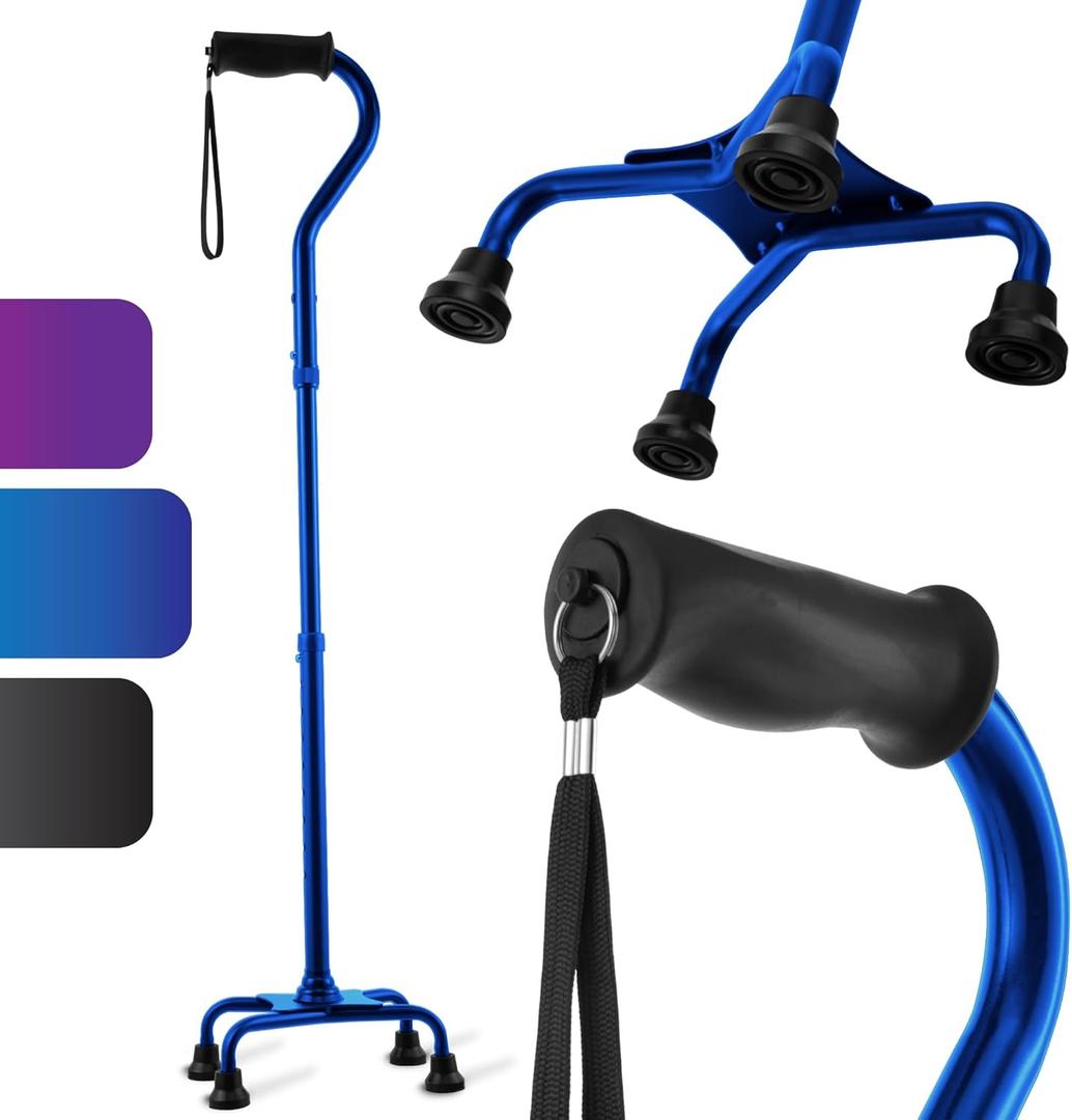 HONEYBULL Walking Quad Cane for Men & Women - Adjustable, Lightweight Quad Cane with Large 4 Pronged Base for Extra Balance & Stability; Walking Canes for Seniors, Walking Sticks (Blue)