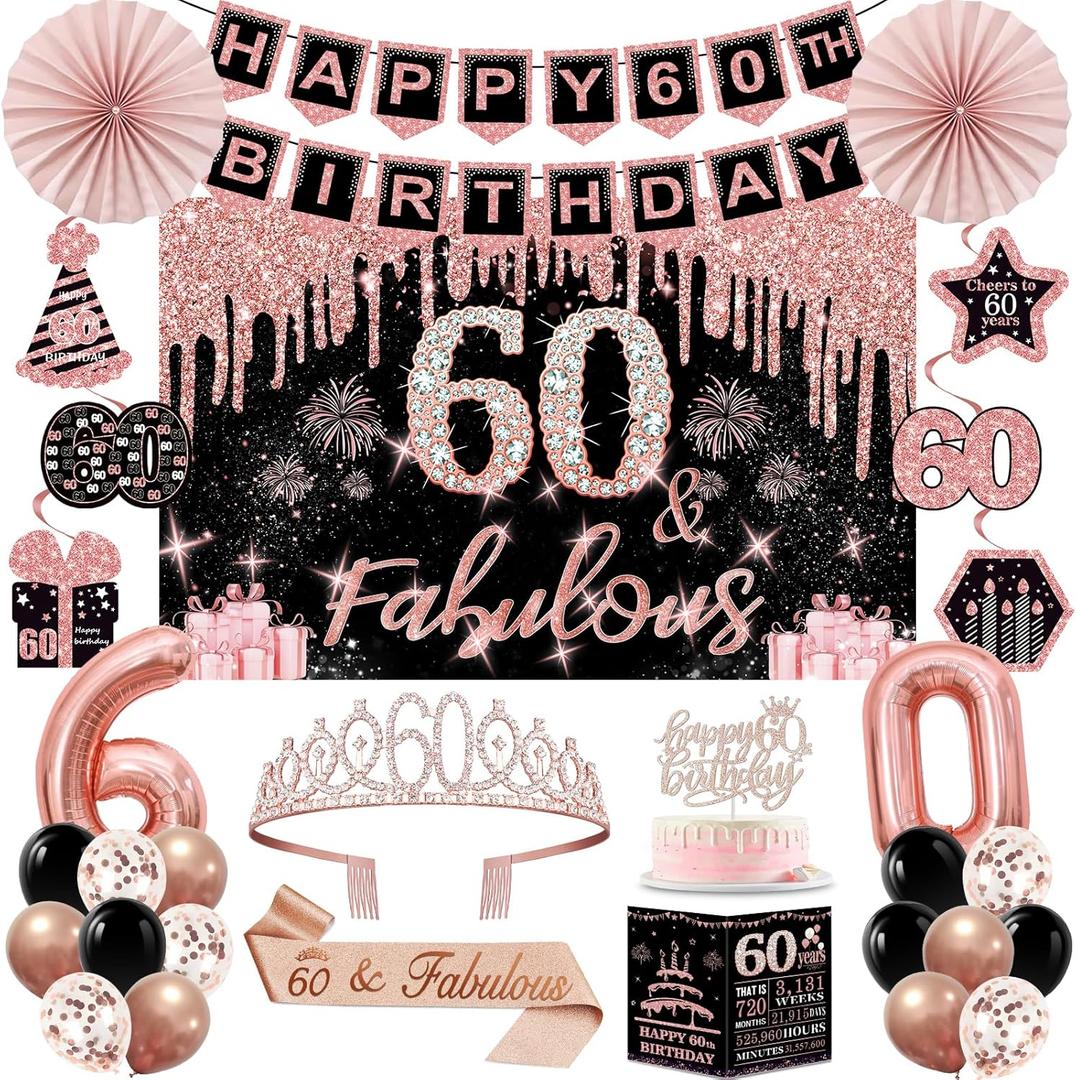 60th Birthday Decorations for Women,32PCS 60th Birthday Party Decorations,Including Backdrop, Crown, Sash, banner, Hanging Swirl,Cake Topper,balloons,Paper Fans,Anniversary Card and paper fans