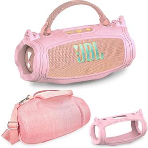 JCHPINE Silicone Cover and Hard Carrying Case for JBL Charge 6 Portable Bluetooth Speaker Accessories, Protective Cases for JBL Charge 6 AI Sound Bluetooth Speaker with Shoulder Strap (Pink)