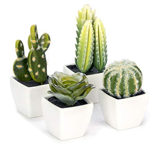 Nattol Artificial Mini Succulent & Cactus Plants in White Cube-Shaped Pots for Home Decor, Set of 4