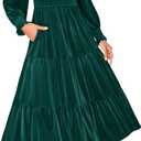 ZESICA Women's Velvet Long Sleeve Dresses 2026 Winter Square Neck Smocked Ruffle A Line Flowy Cocktail Party Midi Dress (Dark Green, Medium)