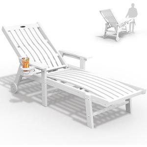 THOEOE Patio Chaise Lounge Chair, Lounge Chair Outdoor with 5 Positions, HDPE, Patio Lounge Chair with Wheels & Cup Holder for Pool, Deck, Poolside,White