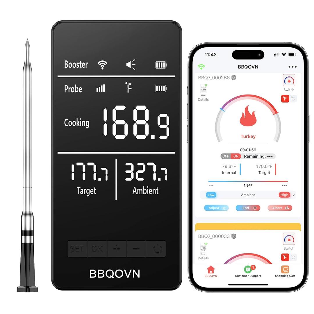 BBQOVN Smart WiFi Wireless Meat Thermometer Unlimited Range 7 NIST Cert.Sensors Accuracy 0.5F Sub-1G (10X Stronger than Bluetooth)APP&Digital Base,Monitor for BBQ, Grill,Oven, Smoker(1, Black,Small)