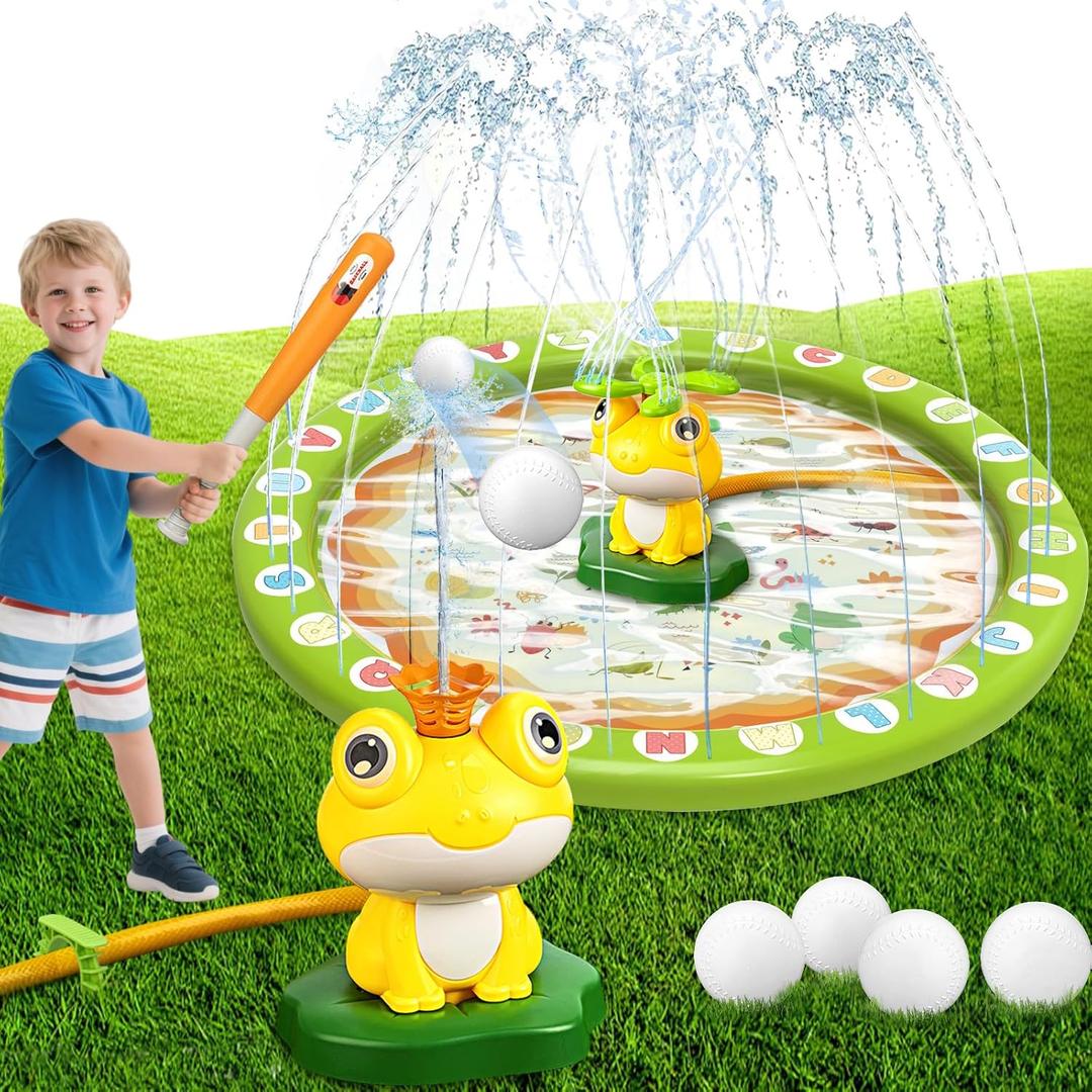 Water Sprinkler Baseball Toy for Kids with Splash Pad Outdoor Toddler Toys Kids with 2 Sprinkler Heads 360 Rotating Spray Water Baseball, Toddler Summer Activities for 3-8 Years Old Boys & Girls