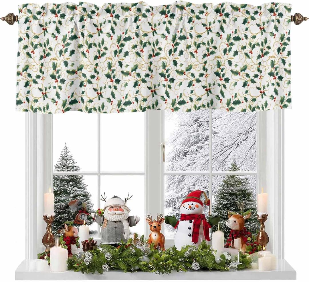Valances for Windows Winter Christmas Holly Berry Plants Leaves Kitchen Curtains Valances Rod Pocket Small Window Treatments Valance Curtains for Living Room Bedroom Bathroom, 42x12 Inch (Green Red)