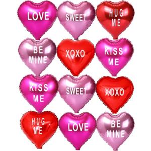 12 pcs Heart Balloons,18" Foil Love Balloons Mylar Balloons, XOXO LOVE SWEET BE MINE heart balloons Valentines Day Decorations Balloons for Propose,Wedding Dcor Backdrop & Party Supplies (TEXT HEART)