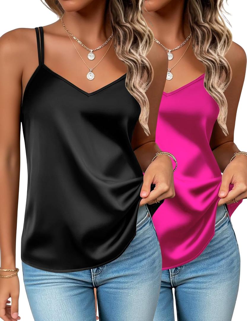 Zeagoo Silk Camisole Tops for Women 2026 V Neck Satin Tank Top Spaghetti Strap Cross Back Sleeveless Summer Blouses, Medium (2 Pack: Black+Rose Red)
