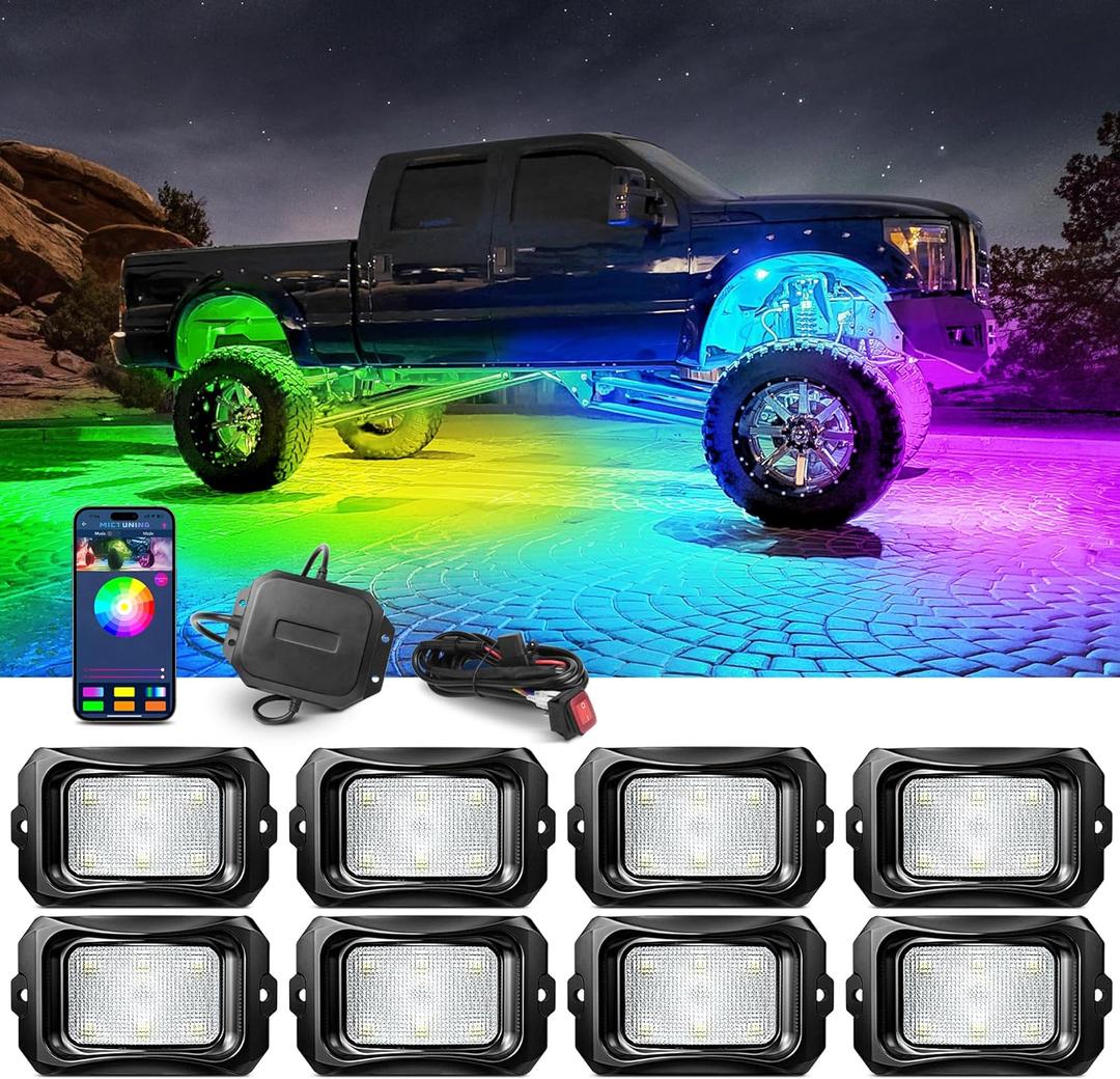 MICTUNING C2 Max RGB+IC Chasing Color Rock Lights - 8 Pods Under glow Lighting Kit, Dynamic Lighting Modes, Extensible Up to 24 Pods with Stable APP Control, IP68 Waterproof, DIY Effect