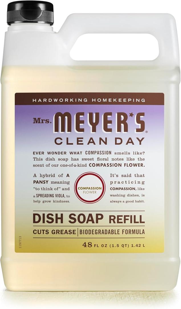 MRS. MEYER'S CLEAN DAY Liquid Dish Soap Refill, Biodegradable Formula, Compassion Flower, Packaging May Vary, 48 fl. oz