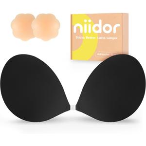 Niidor Adhesive Bra Strapless Ultra Sticky Invisible Push up Silicone Bra Multiple Colors Sizes Reusable for Backless Dress (Black)