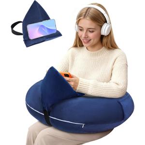 Crochet Lap Support Pillow - Multi-Purpose Reading Pillow for Gaming/Working/Nursing, with Removable Extra Back Pillow for Lumbar & Back Support, Enlarged U-Shape Gaming Lap Pillow, Blue