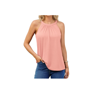 V FOR CITY Women's Halter Tank Top with Built in Bra Flowy Pleated Camisole Top Summer Sleevless Cami Shirt Size M