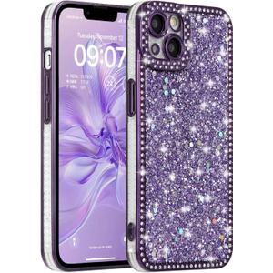 FABSPARK Case for iPhone 15,Glitter Crystal Diamond Rhinestones Sequin Shiny Bling Sparkly Glossy Luxury Electroplated Case,Aesthetic Cute Full Protection for iPhone 15,Purple