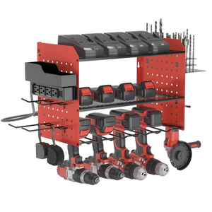 Solatmos Power Tool Organizer Charging Station With Light Angle Grinder Holder, Heavy Duty 3 Layer Drill Holder,1 Screw Boxes,4 Hooks,Tool Battery Holder Built in 4 Outlet Power Strip (red)