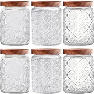 Vintage Glass Jars with Wooden Lids, 6 Pack 24 oz Airtight Glass Food Storage Containers Sets for the Kitchen, Sugar Coffee Candy Spice Cookie Tea Pasta ((24oz)Daisy*2 & Stars*2 & carving*2)