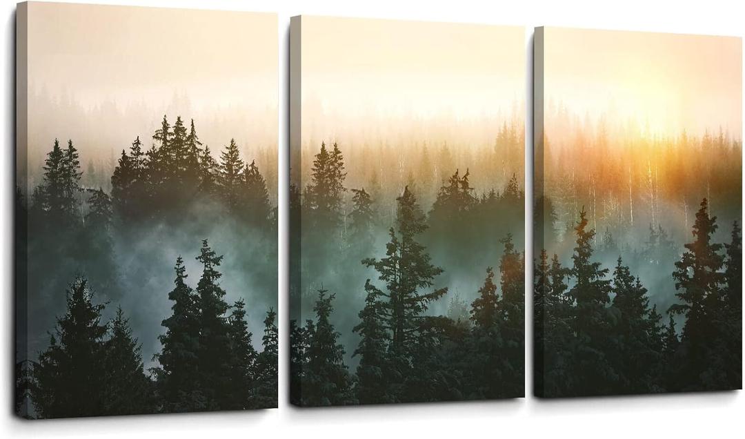 Forest Bathed in Sunlight Canvas Print Picture Painting Wall Art for Bedroom Living Room Framed 3 Piece Artwork Wall Decor for Bathroom Modern Room Plants Wall Decorations Size 16x24x3 Ready to Hang (Black)