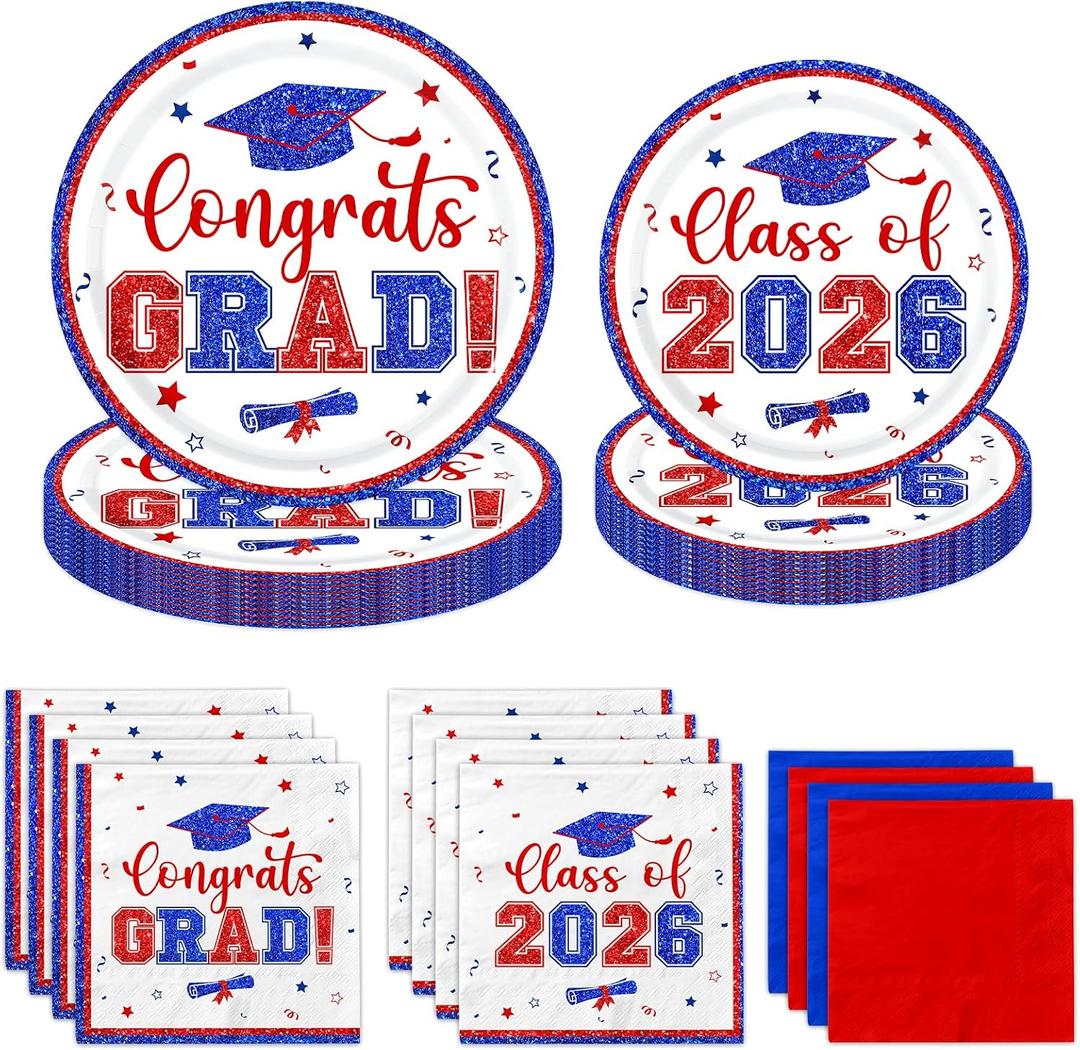 Graduation Decorations 2026,Red and Blue Graduation Plates and Napkins 2026,200pcs Class Of 2026 Party Decorations Tableware for Graduation Party Supplies,Serve 50 (Red and Blue)
