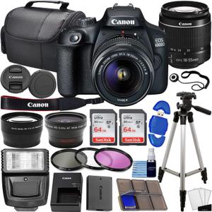 Canon EOS 4000D / Rebel T100 DSLR Camera w/EF-S 18-55mm f/3.5-5.6 Lens 3 Lens Kit Bundled with 128GB Memory + Wide Angle Lens + Telephoto Lens + Flash + More Black