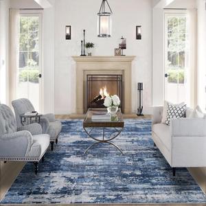 8x10 Area Rugs for Living RoomLarge Machine Washable Area Rug with Non Slip Backing Non Shedding Abstract Stain Resistant Carpet for Bedroom Dining Room Nursery Home Office - Beige/Blue (8' x 10')