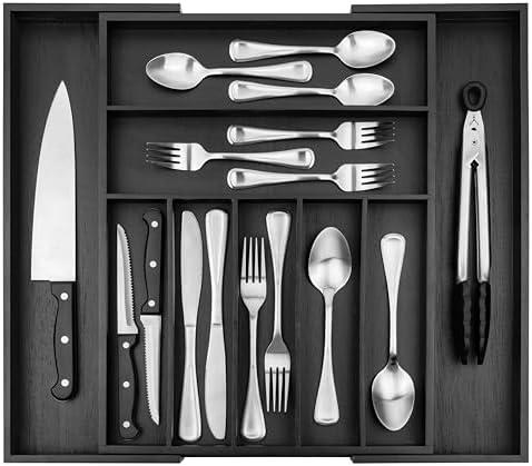 Purawood Bamboo Drawer Organizer - Expandable Silverware Organizer & Utensil Organizer, Cutlery Tray with Dividers, 7-9 Slots - Premium Kitchen Drawer Organizer for Utensils & Flatware (Black)
