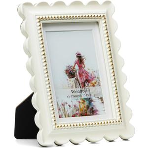 Wontree Wavy 5x7 Picture Frame White with Gold Beaded Trim, Resin Frame with Real Glass, Display 5x7 Photos Matted to 4x6, Vertical and Horizontal Desk Tabletop or Wall Hanging