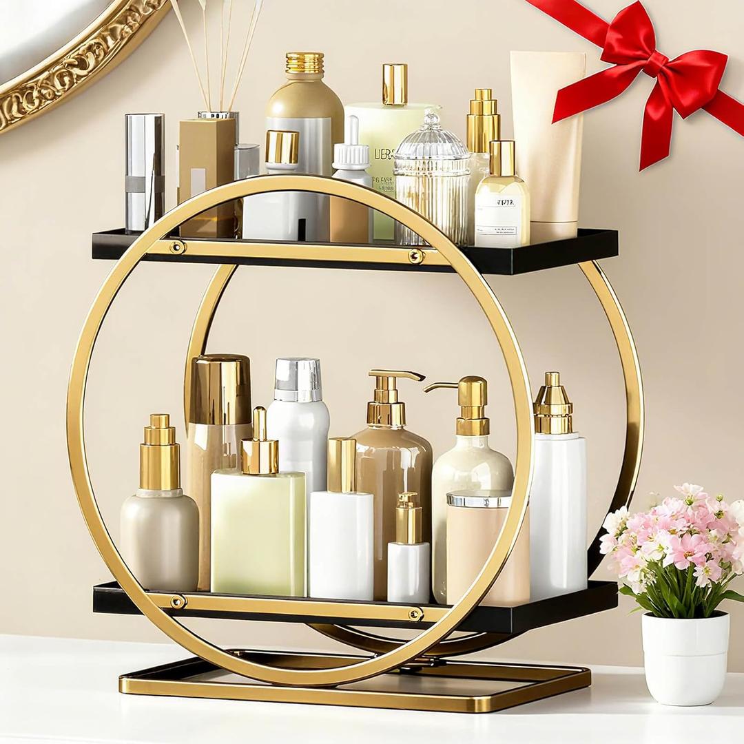 Makeup Organizer for Vanity, Black Gold Perfume Organizer for Dresser, 2-Tier Bathroom Countertop Organizers, Bathroom Counter Shelf Skincare Holder Perfume Tray Cosmetic Display