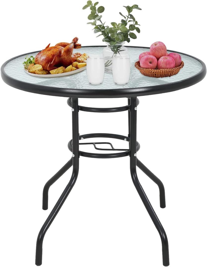 Outdoor Table Patio Table Dining Table with Tempered Glass Umbrella Hole for Lawn Balcony, Yard (Round)
