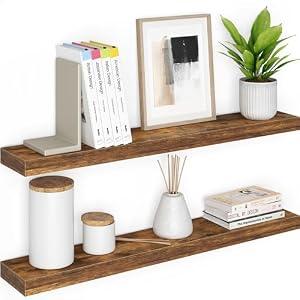 Ballucci Floating Shelves, 36" Wood Wall Shelf Set of 2, with Invisible Brackets for Bathroom, Living Room, Bedroom, Kitchen, Nursery, 6" Deep, Rustic Brown