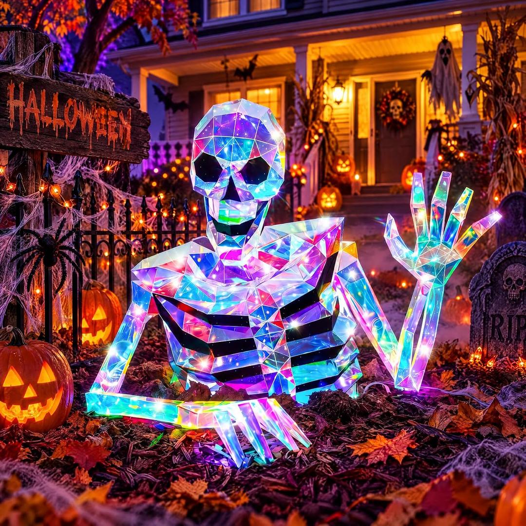 Rossesay Light up Halloween Decorations Outdoor, Iridescent Half Skeleton
56'' Pre-lit Prismatic Iridescent Skeleton with 140 LED, Giant Light up Skull Sign for Yard, Lawn, Graveyard, Haunted House