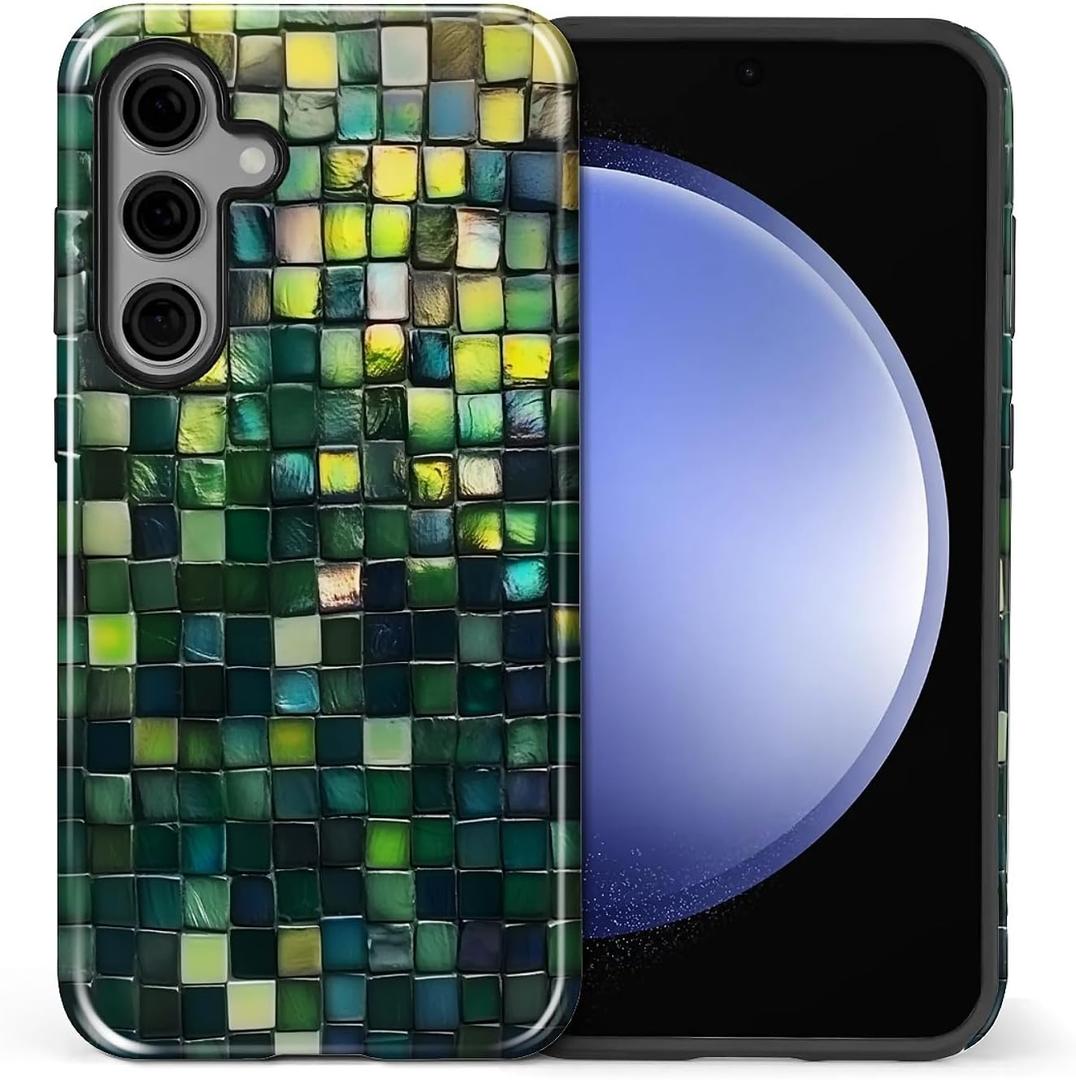for Samsung Galaxy S25 Plus Case for Women Girl Men Boy, Shockproof Soft Silicone & Hard PC Shell Protective Case for Samsung Galaxy S25 Plus - Green Tone Glass Mosaic Tile