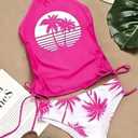 Women's Funny Graphic Drawstring Halter Two Piece Tankini Set Summer Swimwear Beach Vacation Swimsuits (Pink, L)