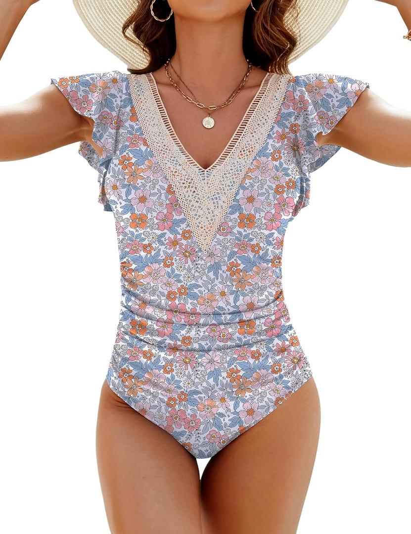 Blooming Jelly Womens Tummy Control Bathing Suits Slimming Ruffle Swimsuit One Piece Lace Swimwear (Medium, Floral Print)