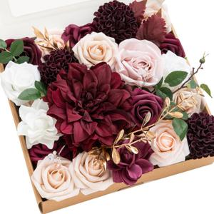 Ling's moment Fake Flowers Box, Faux Artificial Greenery Stems Foam Roses Gardenia Silk Dahlia Fabic Flower for Centerpieces Bouquet Wedding Vase Decorations, Marsala & Soft Peach, Grand Combo
