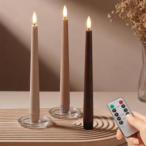 Brown Flameless Taper Candles with Remote, 9.6 Inches Real Wax Battery Operated Candles, 3 Pack Flickering LED Candlesticks, Tall Taper Fake Candles for Home, Wedding, Party