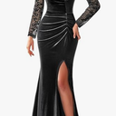 MISSMAY Women's Elegant Velvet V Neck Ruched Split Evening Long Dress, Size S