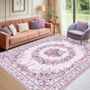 5x7 Pink Area Rug for Bedroom Girls, Soft Butterfly Insect Print Rug, Non Slip Low Pile Throw Rugs with Rubber Backing Washable Indoor Rug, Stain Resistant Carpet for Living Room Dining Room Office