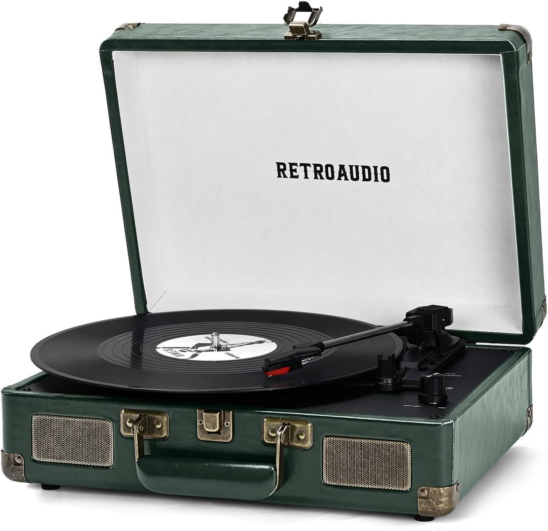 Vinyl Record Player 3 Speed Bluetooth Portable Suitcase Belt-Driven Record Player with 2 Built-in Stereo Speakers Vinyl Vintage Turntable Records Player with RCA Line Out, AUX Out (Dark Green)