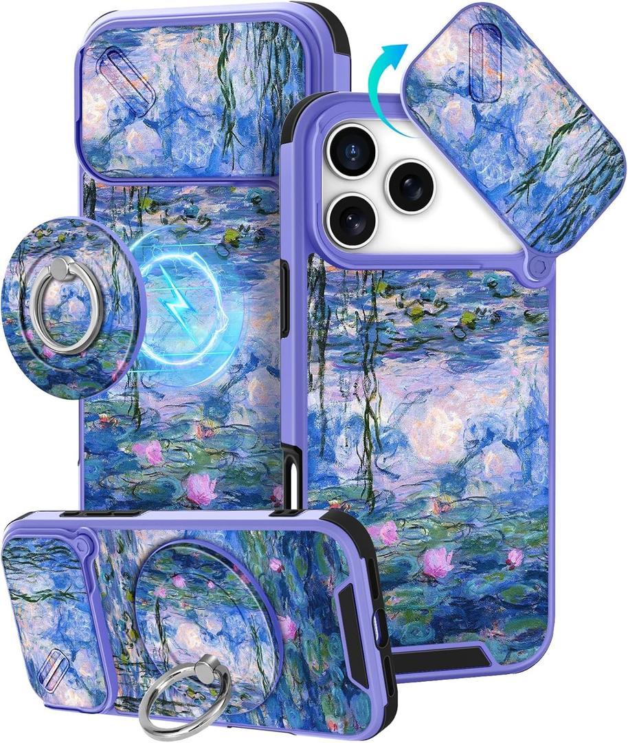 Buleens for iPhone 17 Pro Case 6.3 Inch - with Ring Stand & Camera Cover Aesthetic Cute Designed Women Girls Girly Pretty Kawaii Blue Water Lily Phone Case for iPhone 17 Pro Compatible with Magsafe