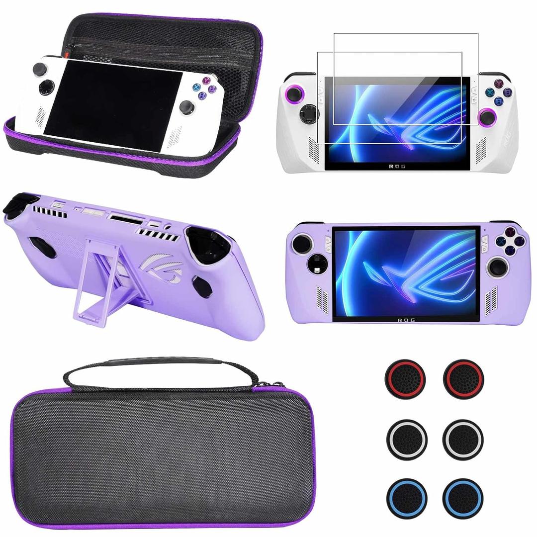 GUTIAL Accessories kit for ASUS ROG Ally 2023 - Accessories Bundle for ROG Alloy Gaming Handheld with Carrying Case Protective Cover case and 2 Pack Screen Protector, 6 Thumb Grips (Z-Purple)