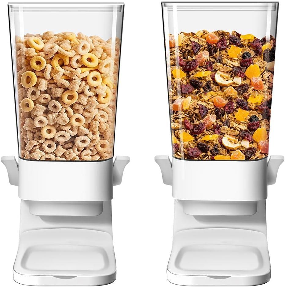 Tokokimo Cereal Dispenser, Cereal Dispenser Countertop, Cereal Storage Container, Food Dispenser for Grains, Nuts, Candies, Oatmeal, Snacks, Cat Food, Dog Food, White (2 Pcs)