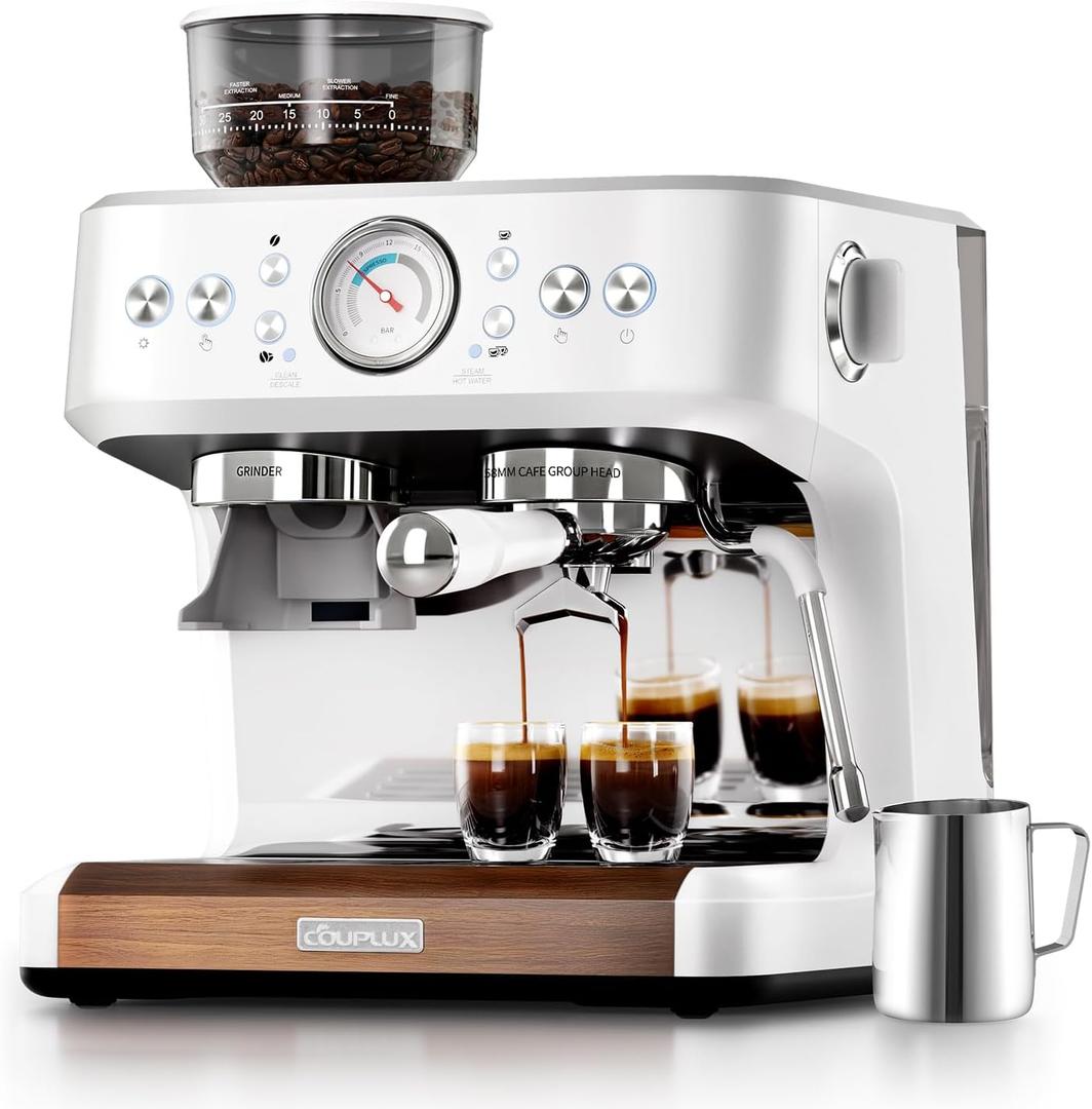 COUPLUX 50s Fast Heat Espresso Machine with Grinder 58mm, 15 Bar | 30 Grind Settings with Anti-static, 4 Temp Adjust 190-205℉ Espresso Machine with Powerful Milk Frother for Cappuccino, Latte