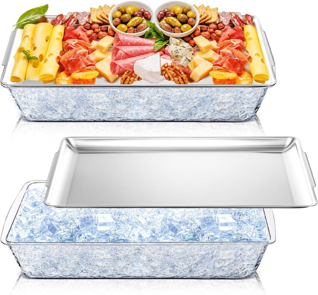 Baderke 2 Set 16" x 9'' Chilled Serving Tray for Parties with Compartments Rectangle Serving Dish Ice Charcuterie Party Platter for Shrimp Fruit Seafood Vegetable Appetizer (Silver)