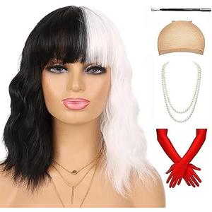 Tereshar Half Black and White Wig with Accessories 5pcs Set for Women Costume Short Curly Wig with Bangs Halloween Cosplay Party Wig  