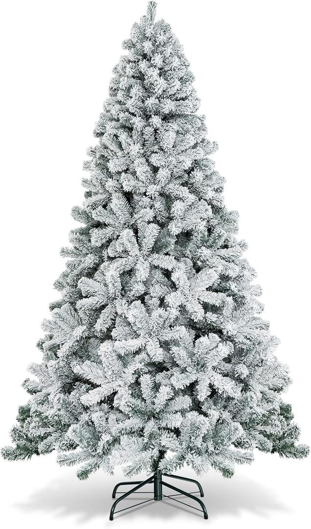 Goplus 7.5FT Artificial Snow Flocked Christmas Tree, Snowy Hinged Pine Tree, Premium PVC Needles/Solid Metal Stand, Xmas Full Tree for Indoor and Outdoor (White)
