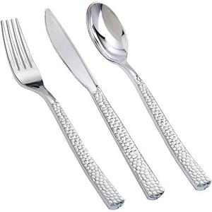 Supernal 360pcs Silver Plastic Cutlery,Elegant Plastic Silverware,Silver Hammed Silverware,Disposable Flatware,Include 120 Forks,120 Knvies,120 Spoons,Perfect for Birthday,Party,Wedding
